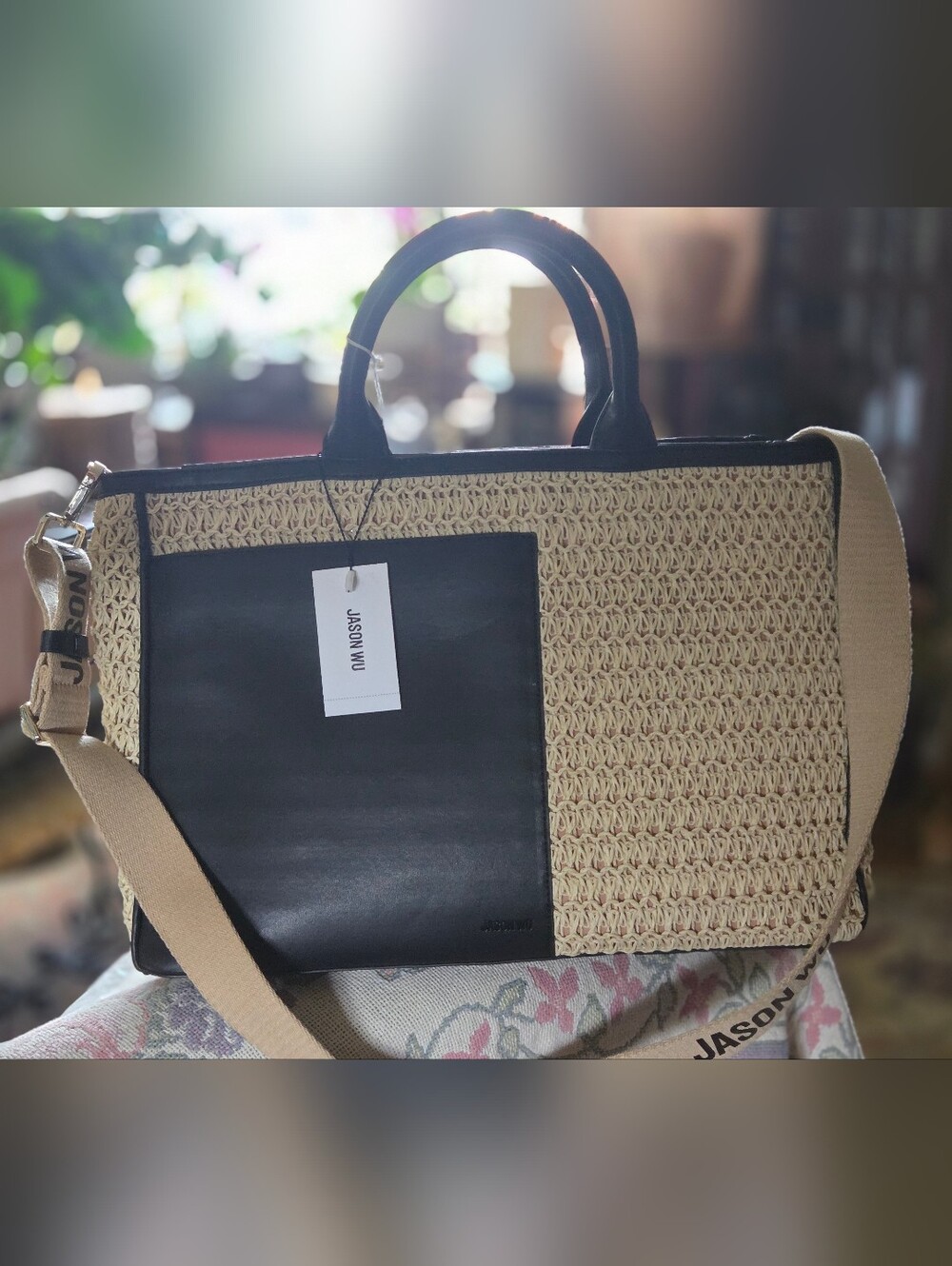 NWT Jason Wu Aster Extra-Large Natural Woven Tote Bag 17x11 not including hand